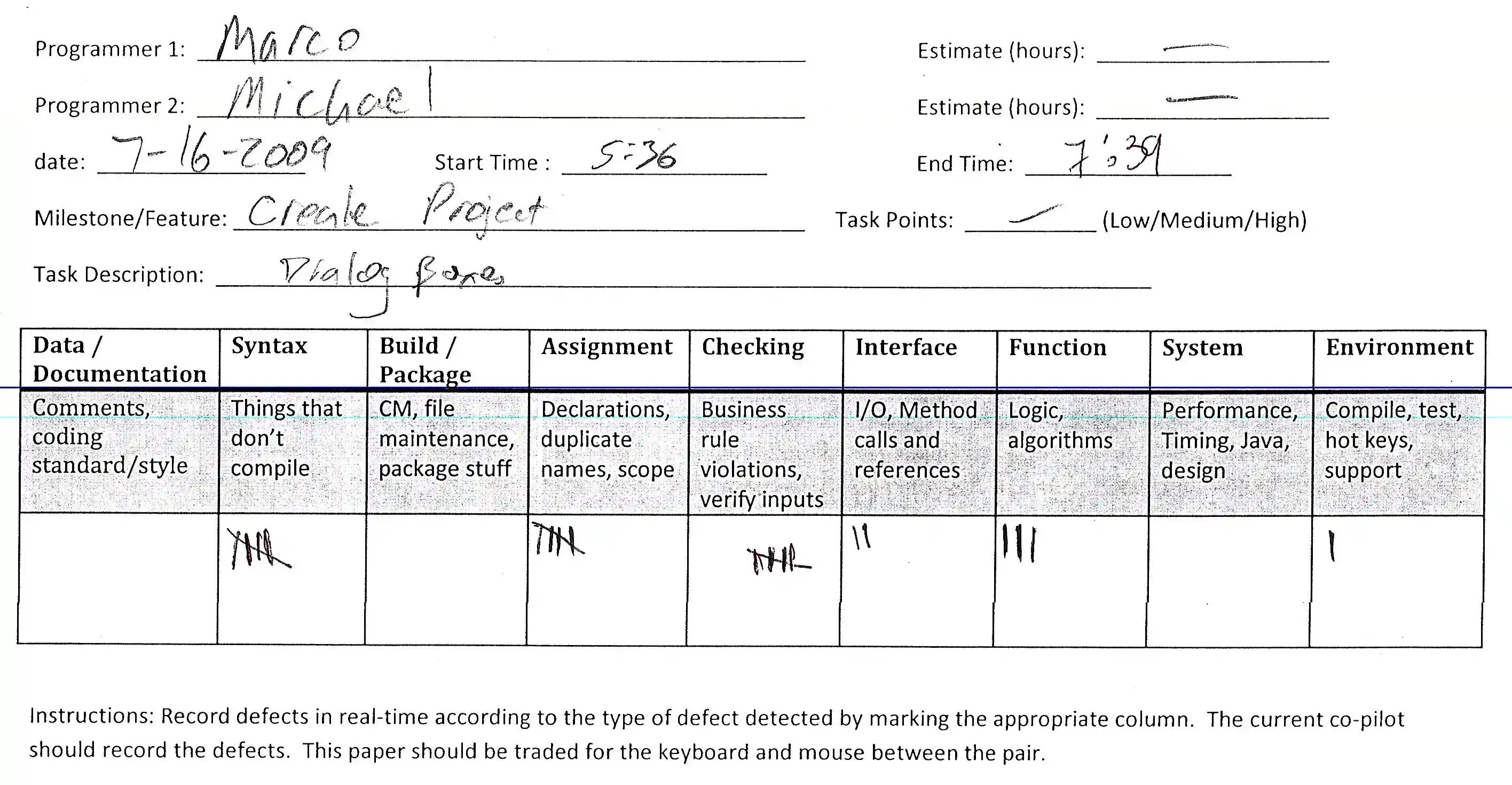 A scanned 'tally sheet' completed by Marco and Michael on July 16, 2019.  The sheet documents a pairing session that lasted approximately 2 hours based on the recorded start and end times.  The sheet indicates the pair created a dialog box for the 'create project' feature.  Tally marks appear under a number of headings indicating defect categories.  The categories are: data/documentation (0), syntax (5), build/package (0), assignment (5), checking (5), interface (2), function (3), system (0), and environment (1).  The following instructions appear at the bottom of the page: 'Record defects in real-time according to the type of defect detected by marking the appropriate column.  The current co-pilot should record the defects.  This paper should be traded for the keyboard and mouse between the pair.'  The contents are hand written on a printed template.